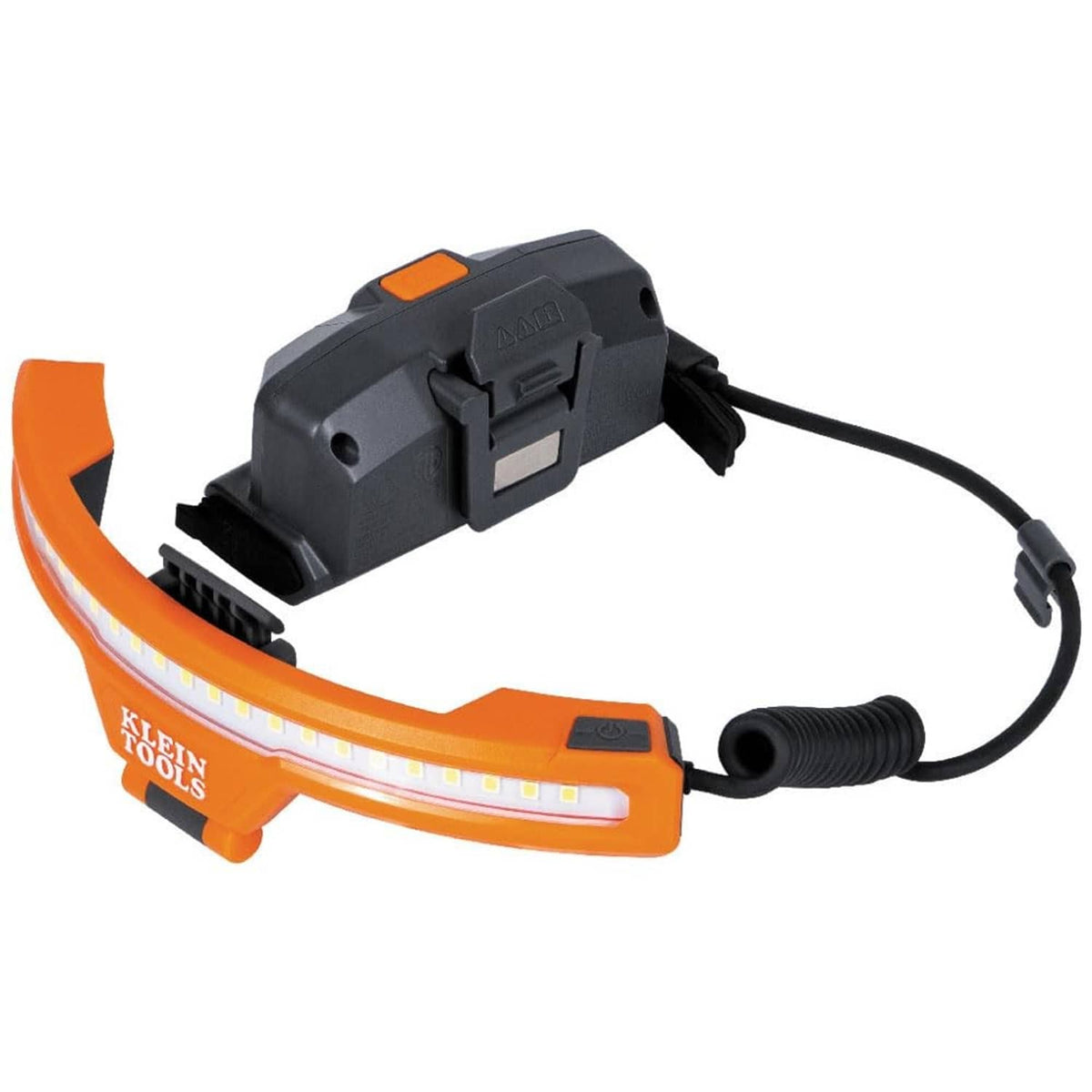 Orange and black rechargeable LED headlamp with adjustable strap and neck cable