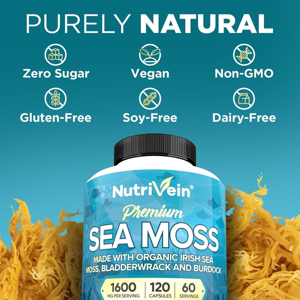 NutriVein Premium Sea Moss supplement bottle with purity badges and seaweed background