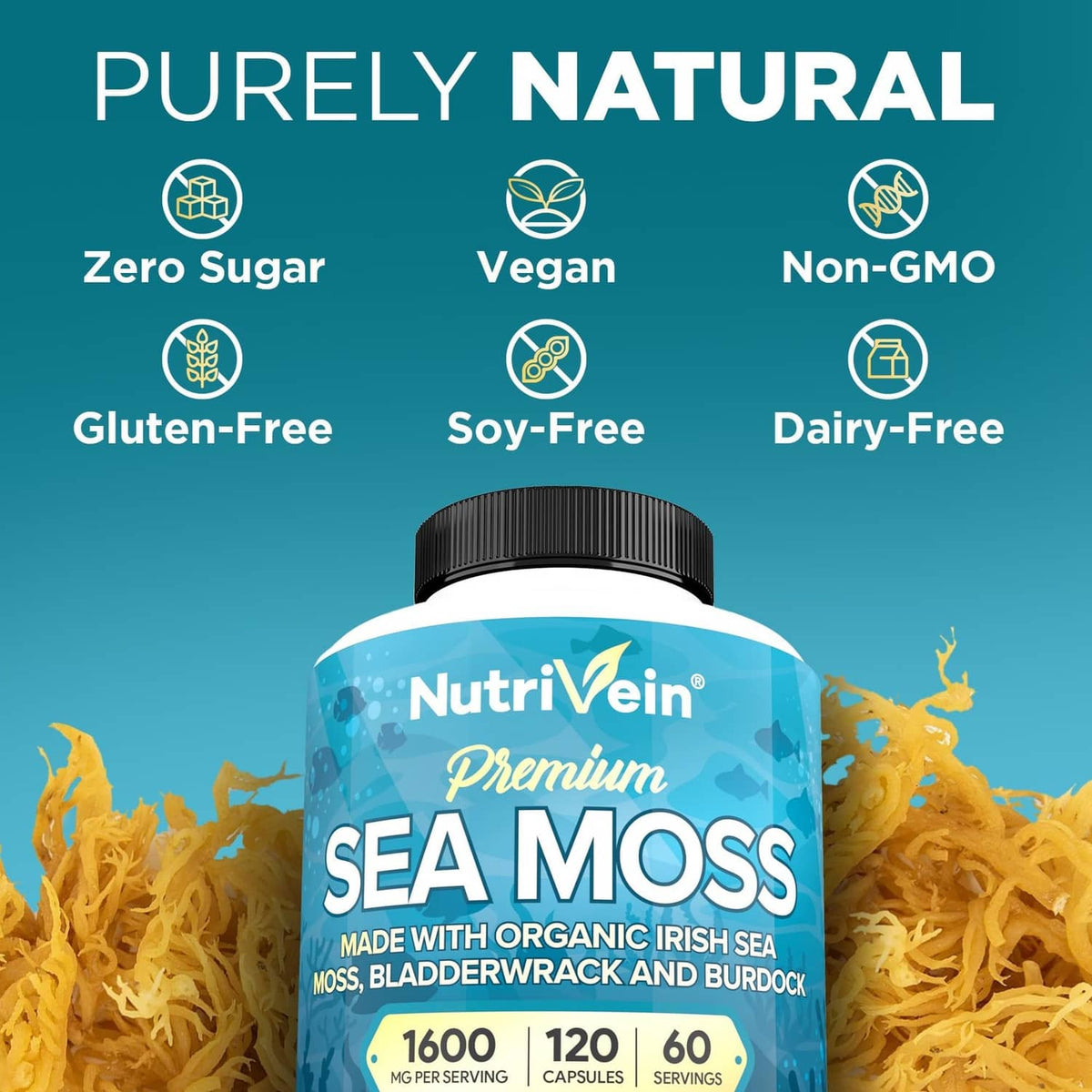 NutriVein Premium Sea Moss supplement bottle with purity badges and seaweed background