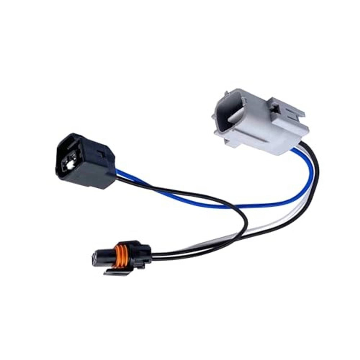 LED headlight conversion harness with gray sockets, black plug, orange connector band, wires