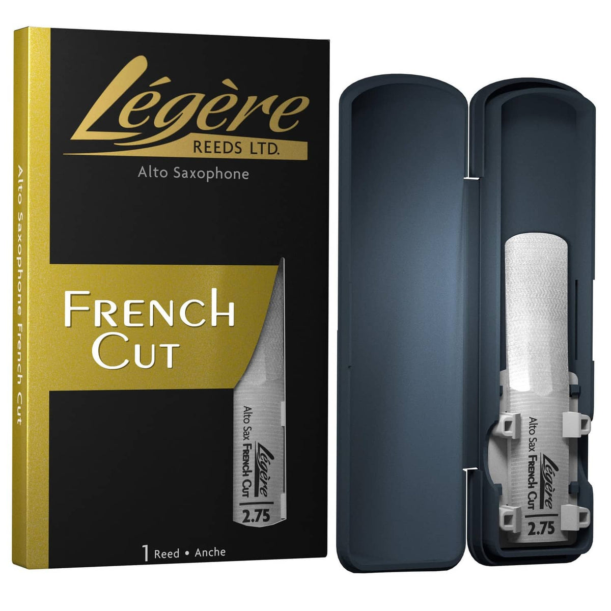 Alto saxophone synthetic reed set with French cut box and reed in case