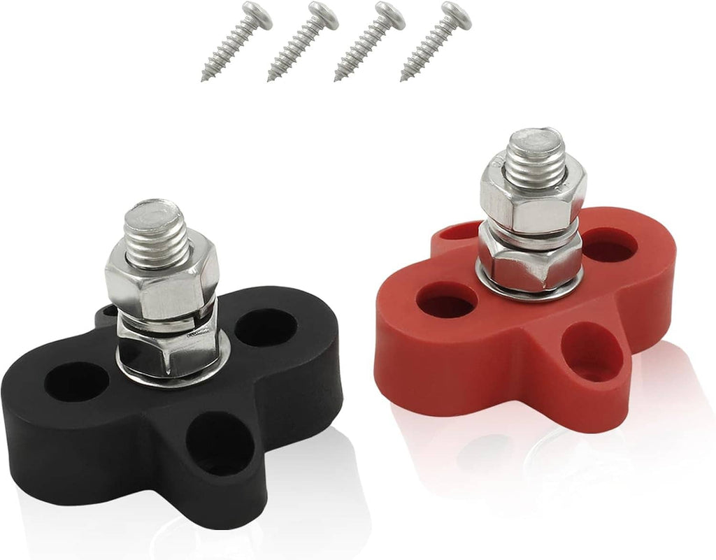 Red and black battery junction post terminals with steel studs and mounting screws