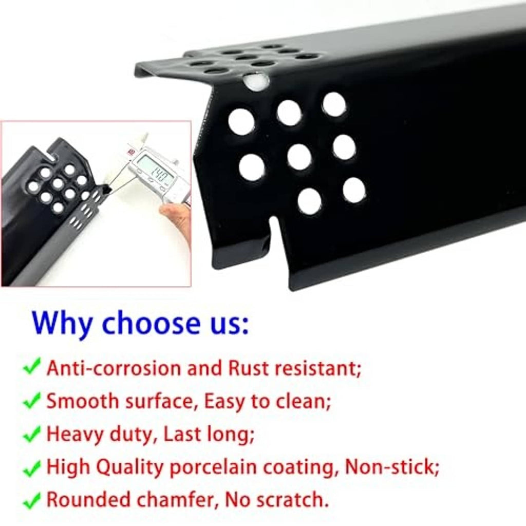 Close-up of black grill heat plate with smooth surface and circular burner holes