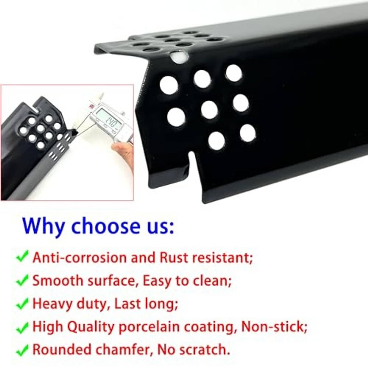 Close-up of black grill heat plate with smooth surface and circular burner holes