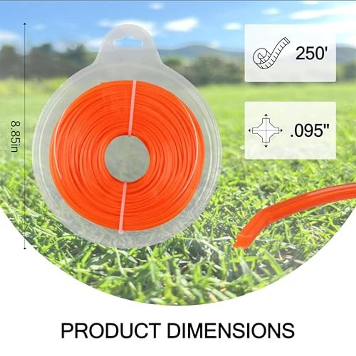 Orange coiled trimmer line on clear donut spool with product dimension graphic
