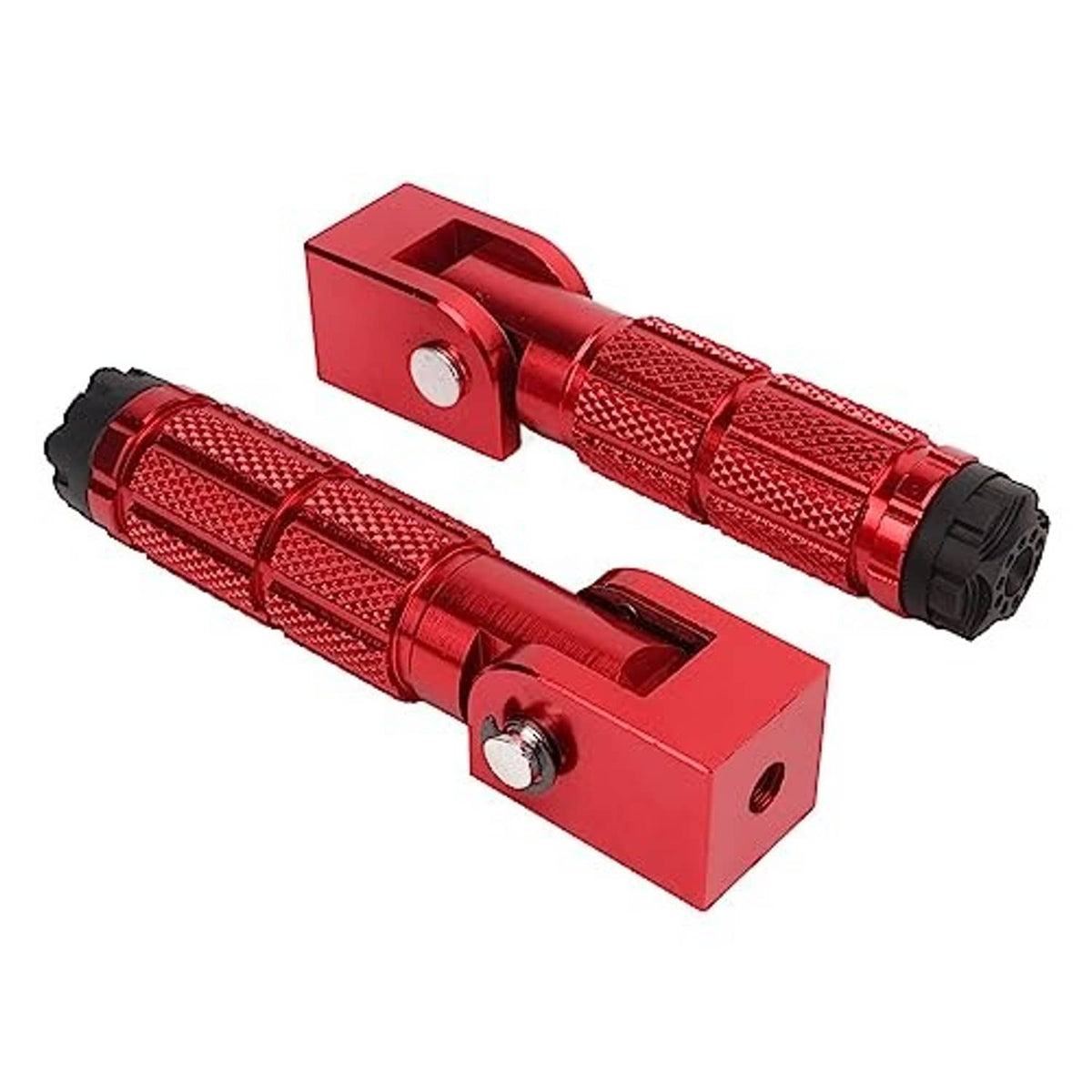 Red foldable motorcycle foot peg pair with knurled pattern and black rubber end caps