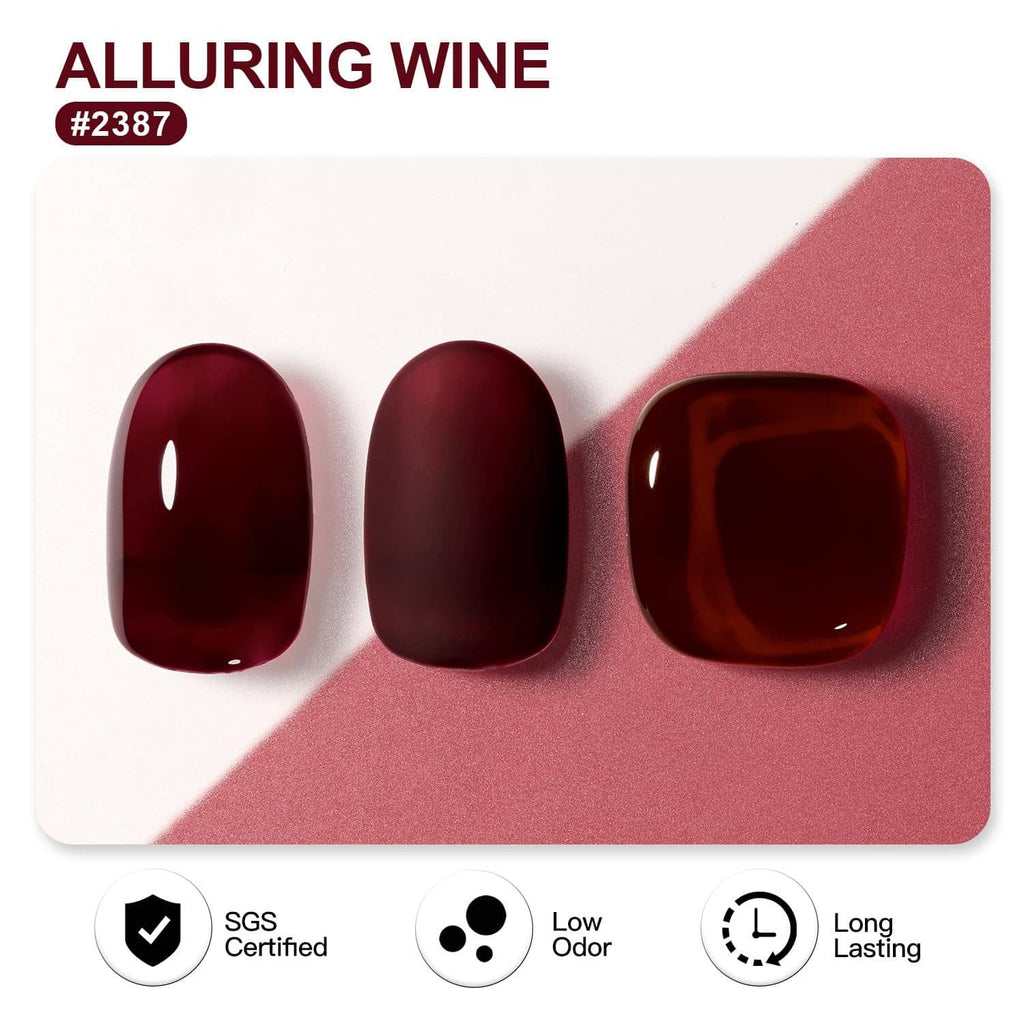 Dark wine red gel polish shade swatches, glossy finish; bottle not shown.