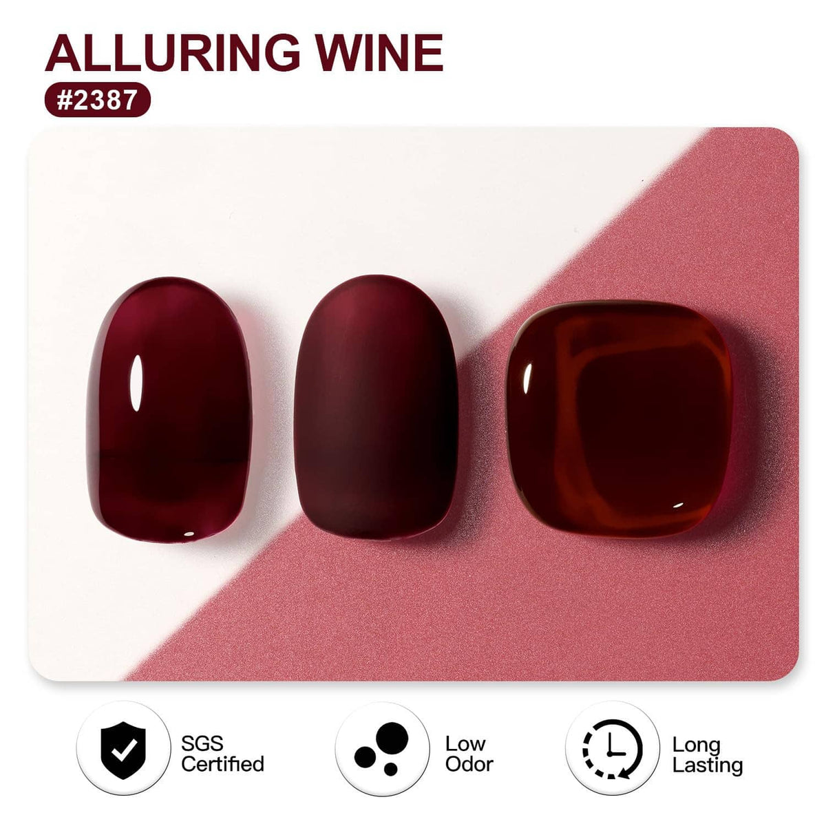 Dark wine red gel polish shade swatches, glossy finish; bottle not shown.