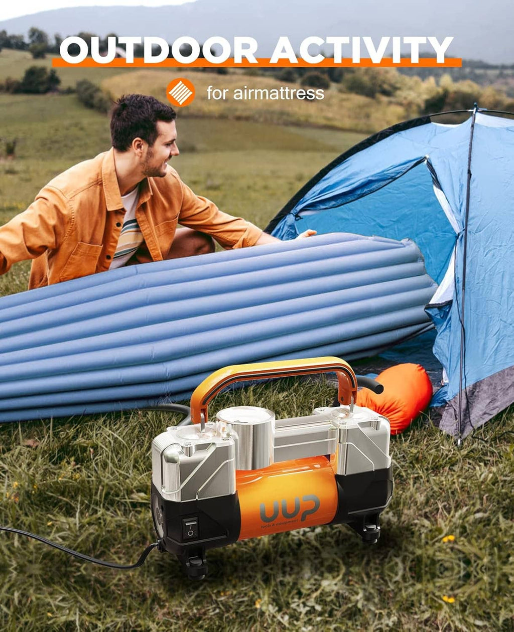 Portable 12V air compressor for inflating an air mattress outdoors with hoses