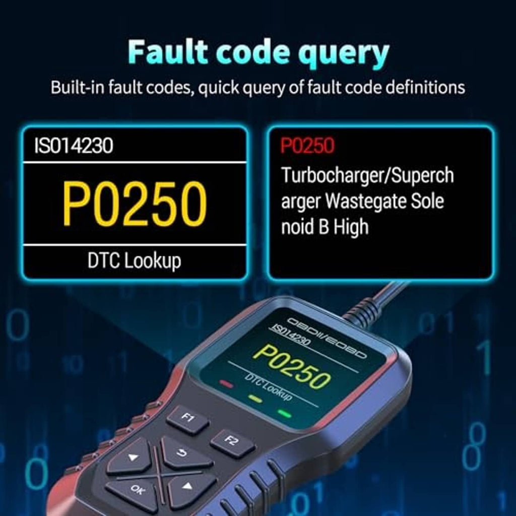 wiiyii K1 OBD2 scanner close-up displaying fault code P0250 on screen