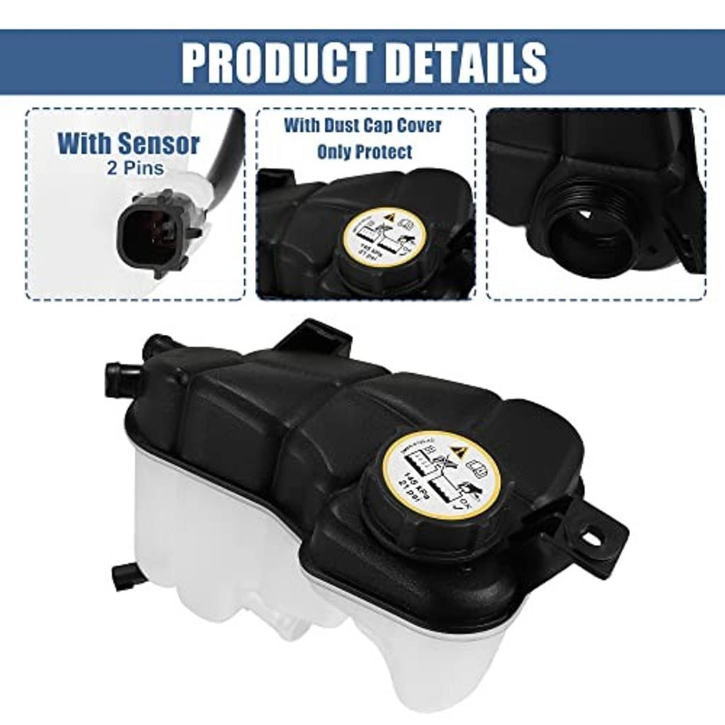 Coolant radiator reservoir tank with yellow cap cover and side sensor/connection ports
