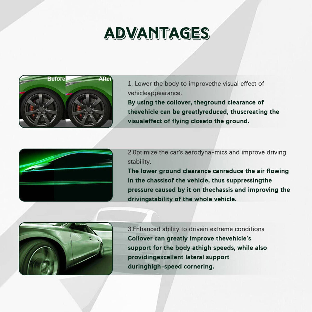 Coilover suspension kit benefits panel with before-and-after wheel clearance graphics