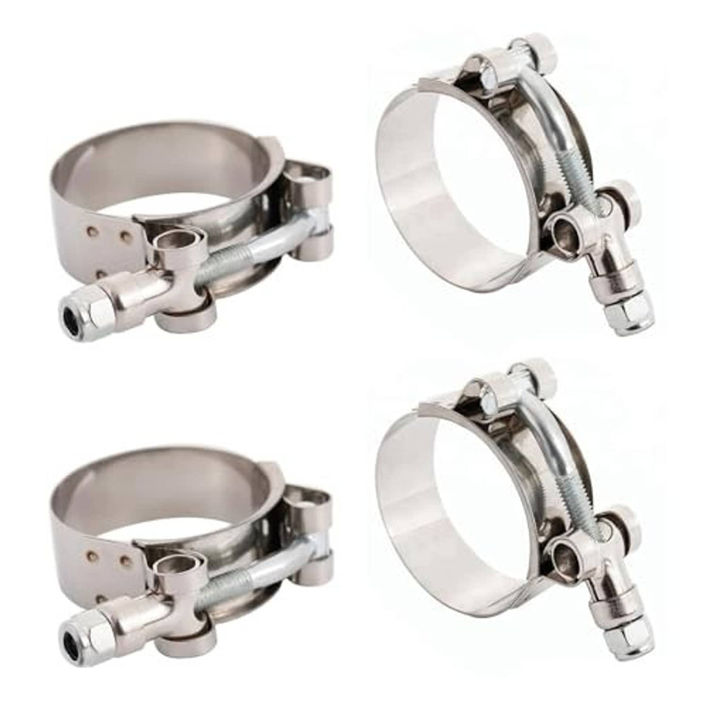 Stainless steel T-bolt hose clamp set with wide band and screw, angled view
