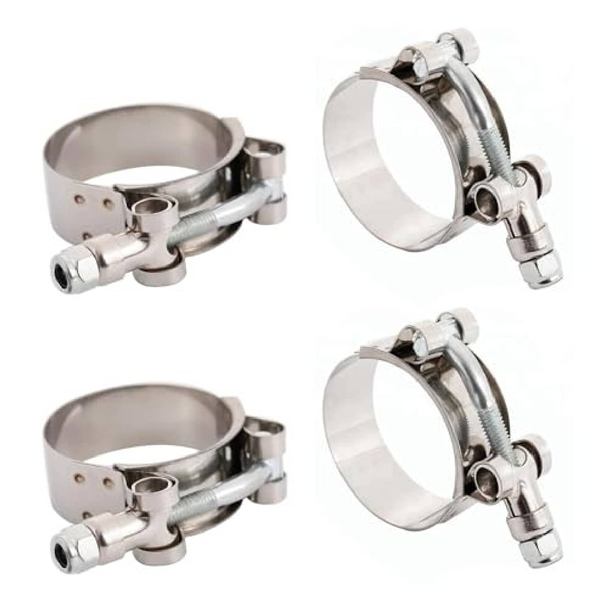 Stainless steel T-bolt hose clamp set with wide band and screw, angled view