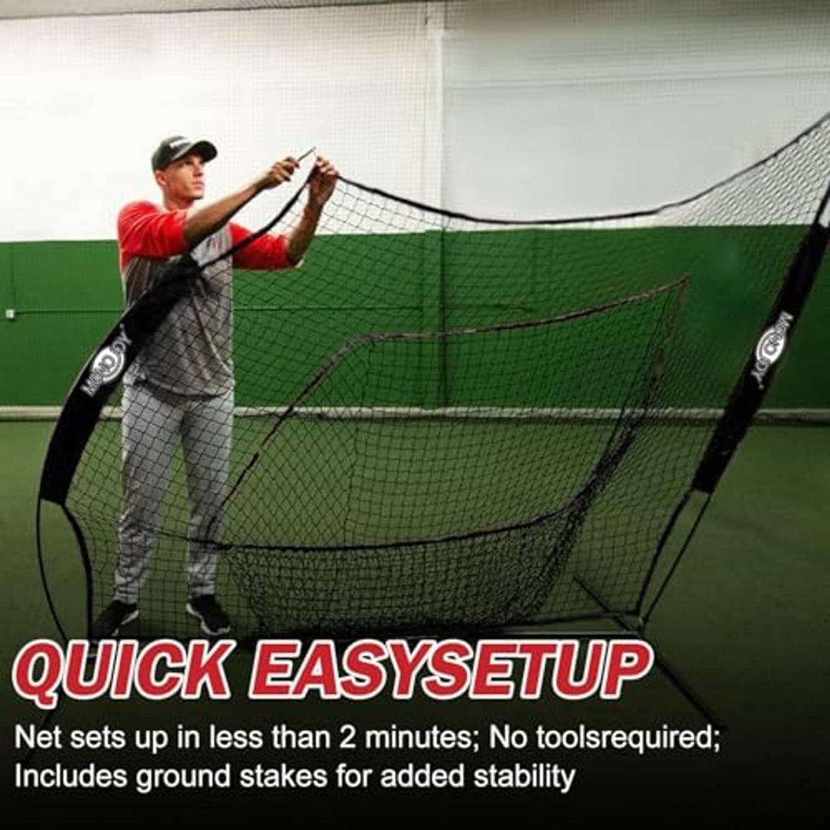 Baseball practice net with red strike-zone target during batting practice