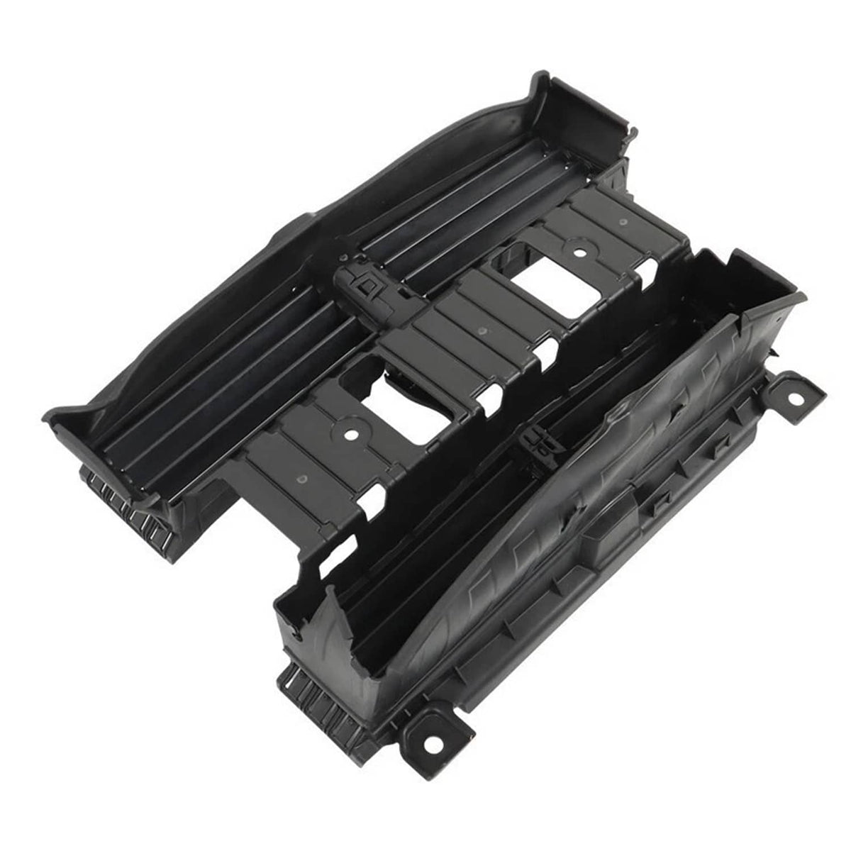 Black radiator shutter control assembly, side view showing inner tabs and slats
