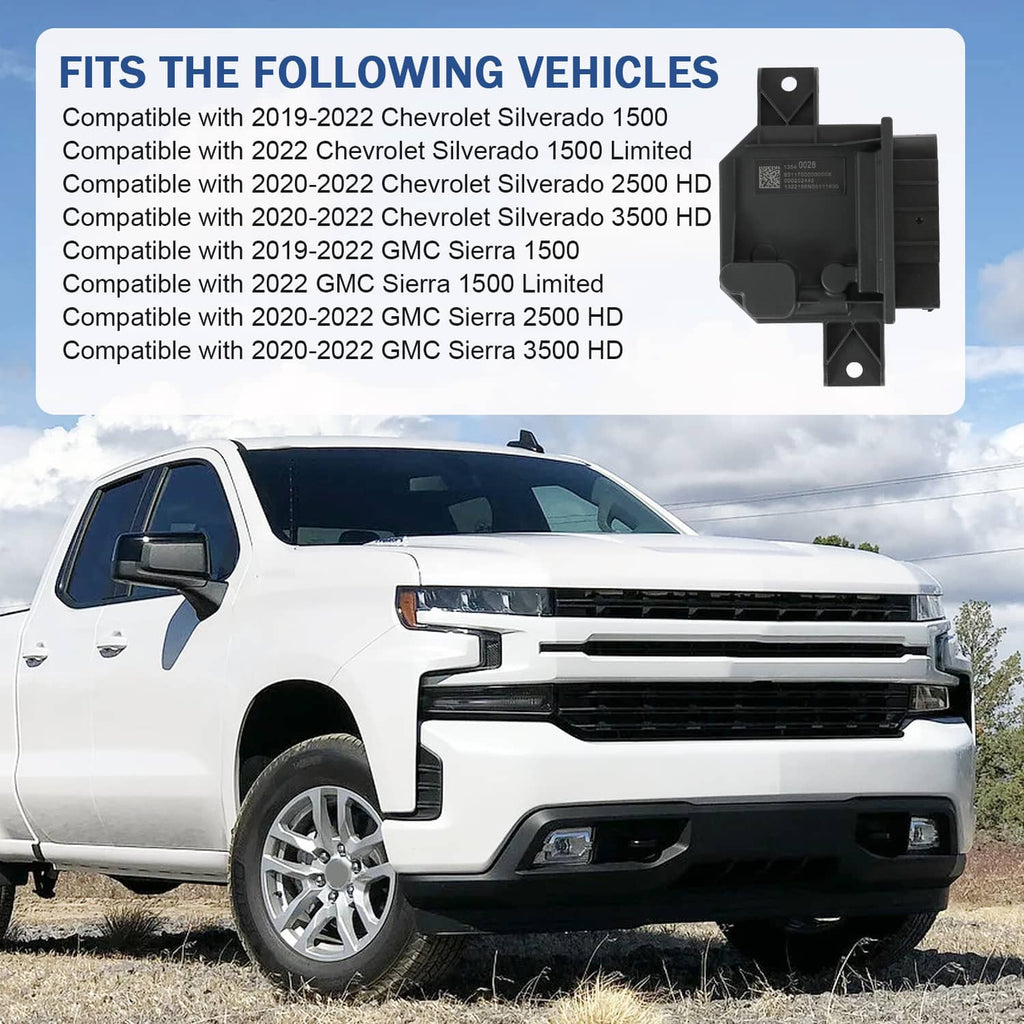 Fuel pump control module packaging graphic placed above a pickup truck
