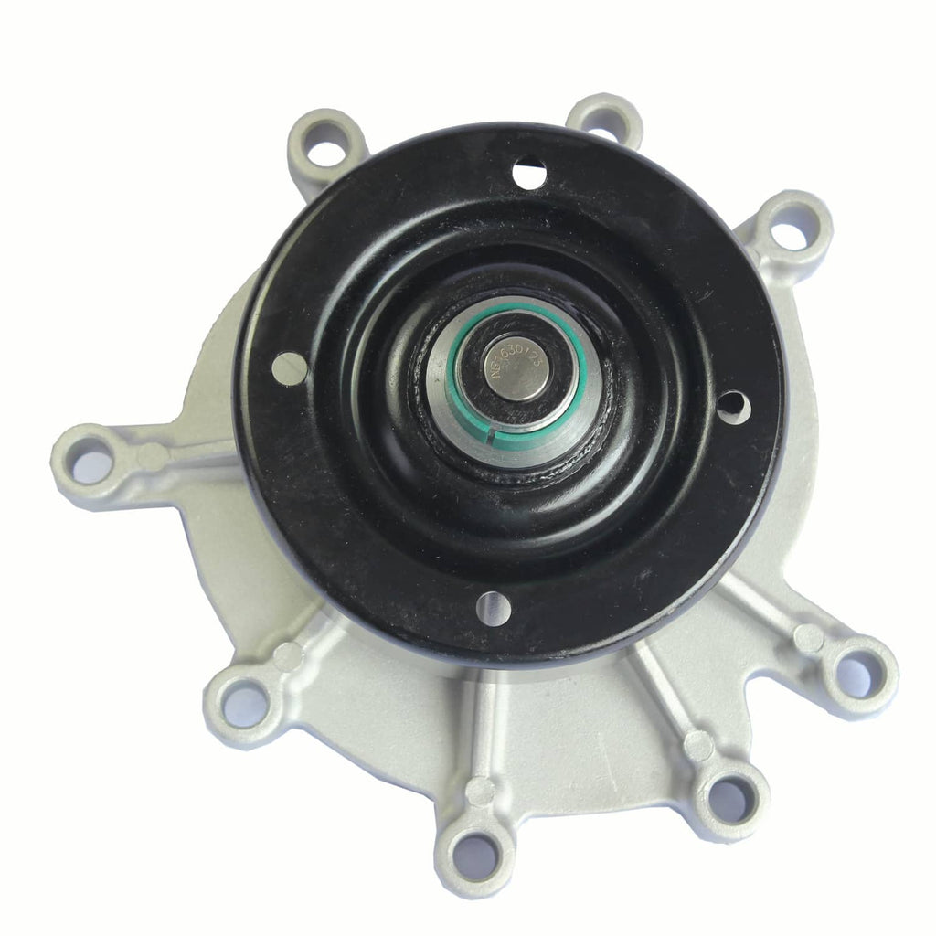 Engine water pump assembly with black pulley and green-sealed center on silver mounting plate