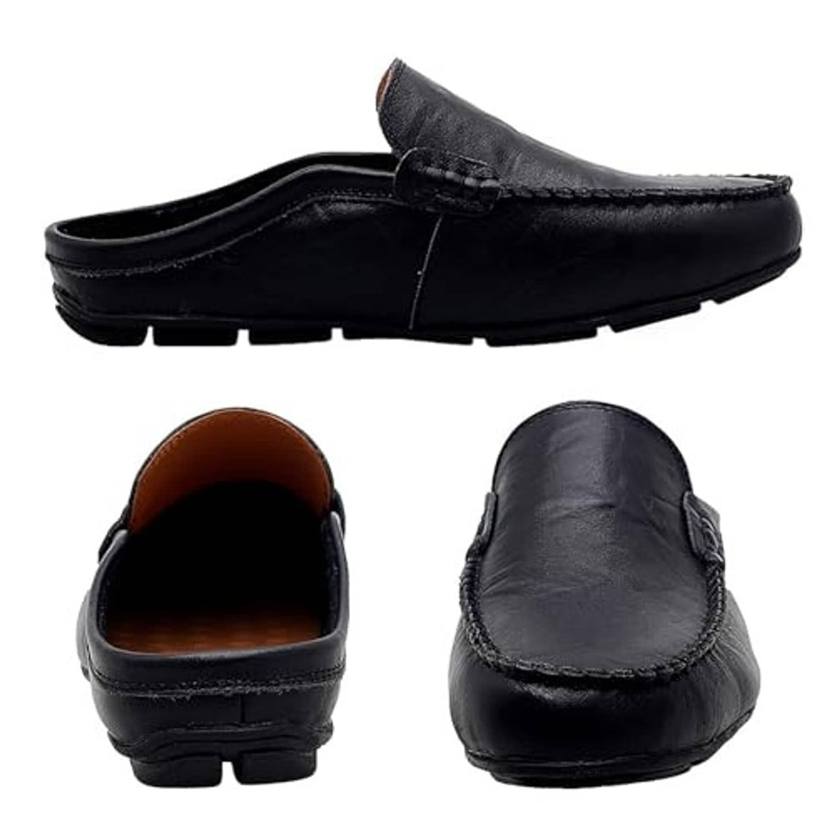 Black leather mule clogs, side and heel views with open back and cushioned footbed