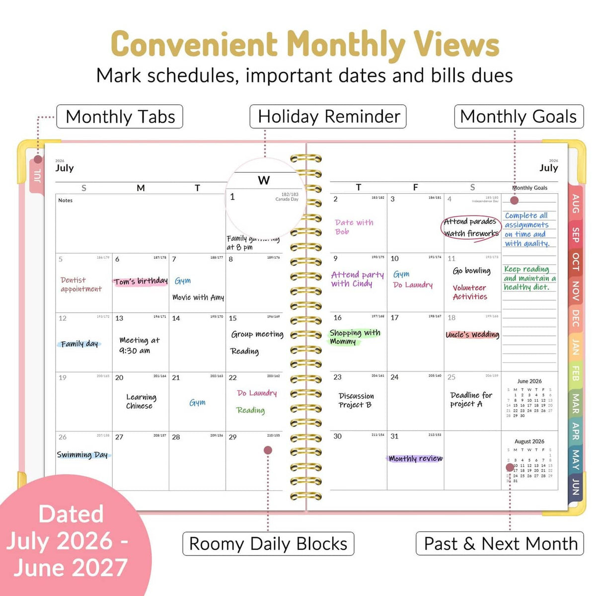 Academic planner monthly layout with tabs and notes, open two-page view