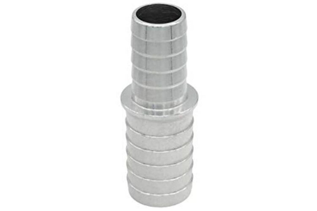 Metal hose barb reducer splice coupler, 5/8 to 1/2 inch, vertical stack of barbs