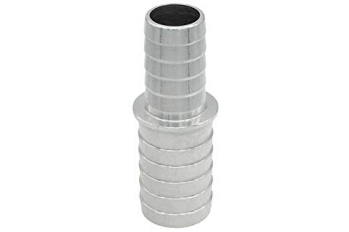 Metal hose barb reducer splice coupler, 5/8 to 1/2 inch, vertical stack of barbs