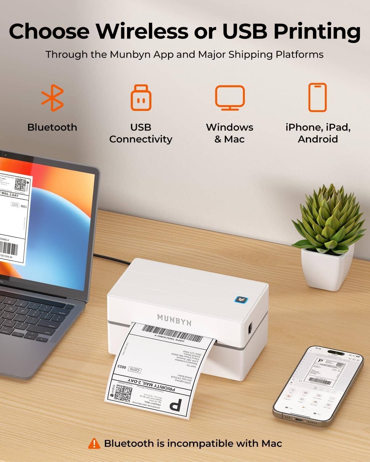 White MUNBYN thermal label printer on desk showing Bluetooth and USB connectivity icons