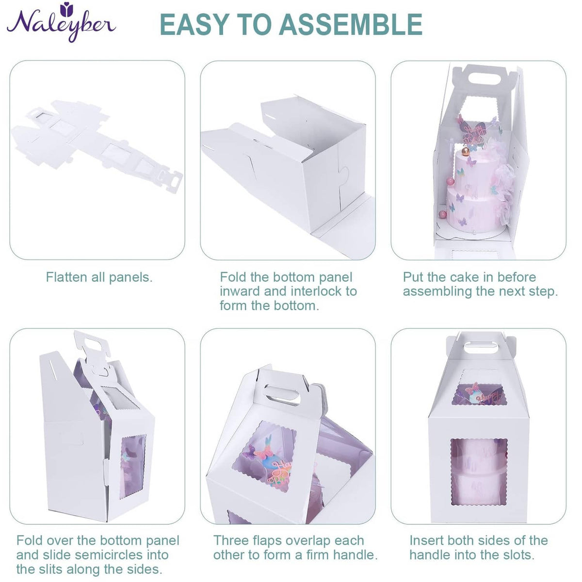White cake box with foldable panels and overlapping handle tabs for assembly