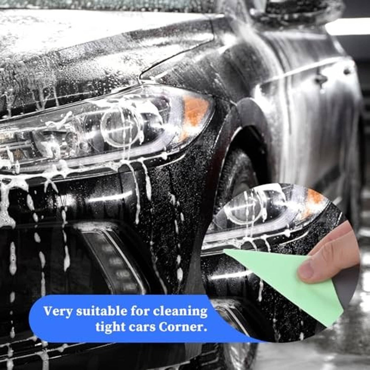 Gray triangle squeegee card scraping window tint on a car headlight area
