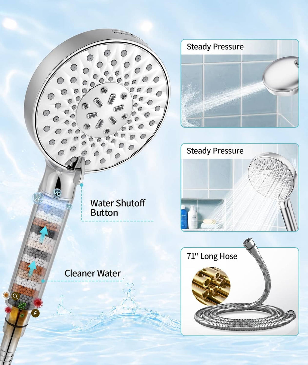 Chrome handheld shower head with spray face, water shutoff button, long hose