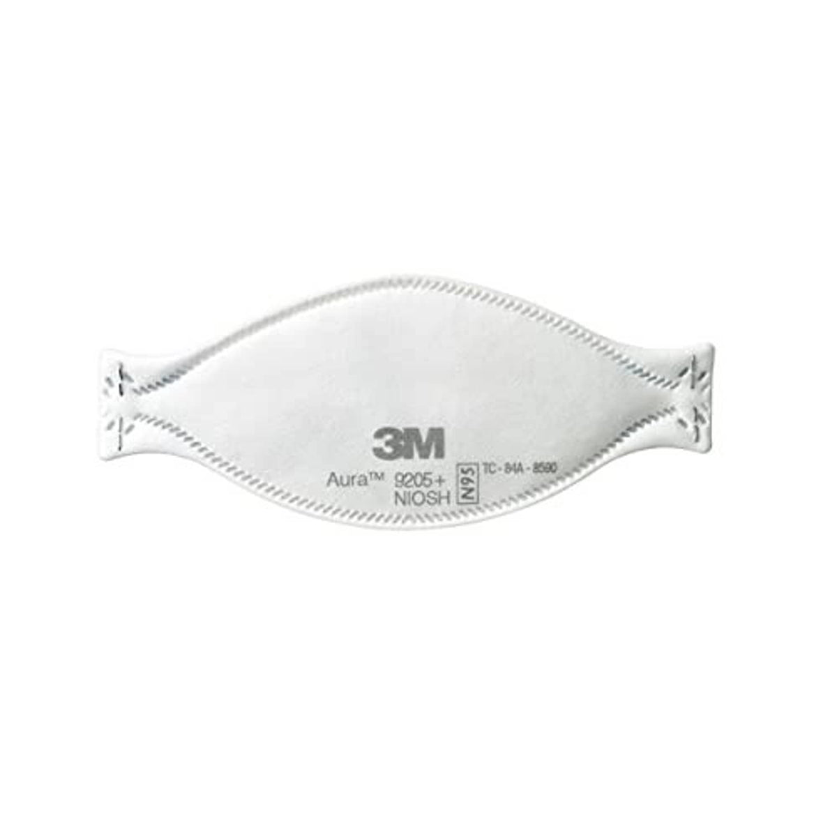 White 3M Aura N95 respirator with front print and connected strap ends