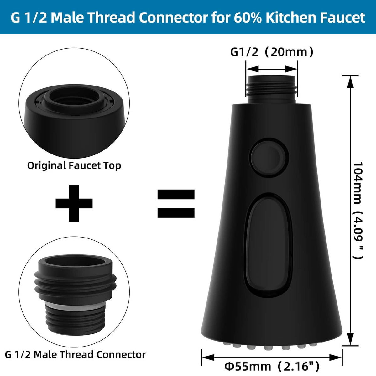 Matte black faucet head connector with G1/2 male threaded fitting for replacement sprayer