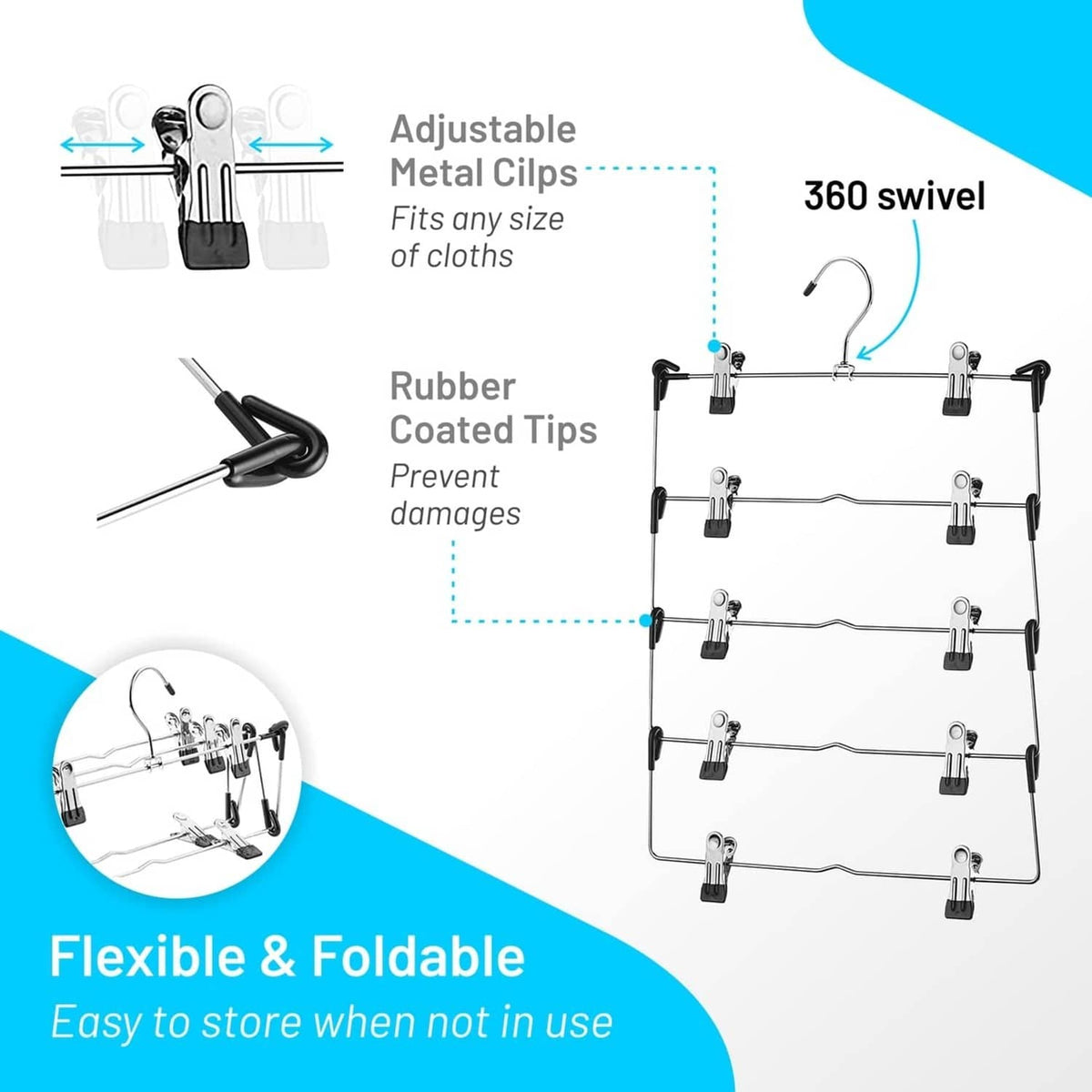 Deilsy 5-tier skirt hanger with 360° swivel hook and rubber-coated clip tips