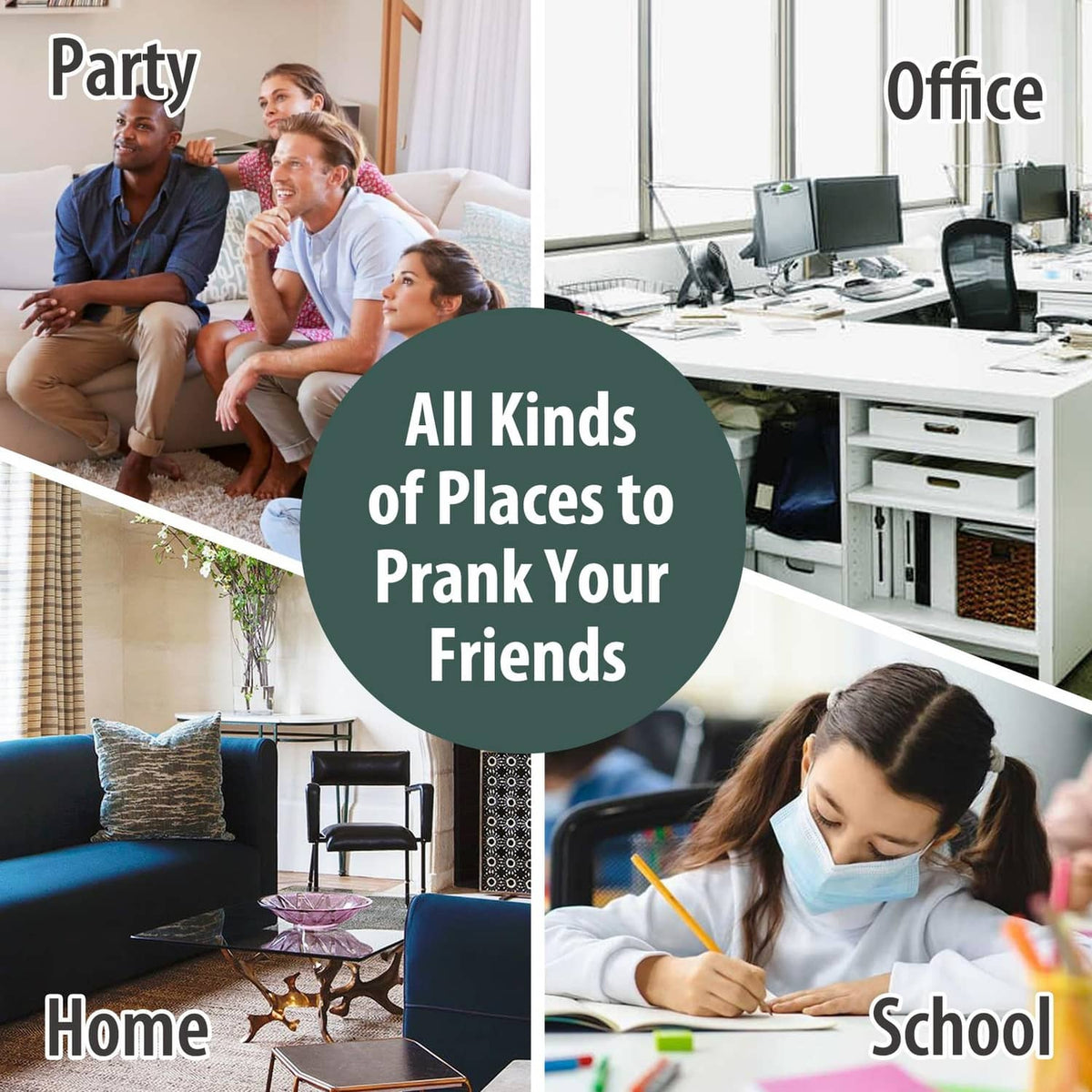 Prank noise maker promotional collage with place icons for pranking friends