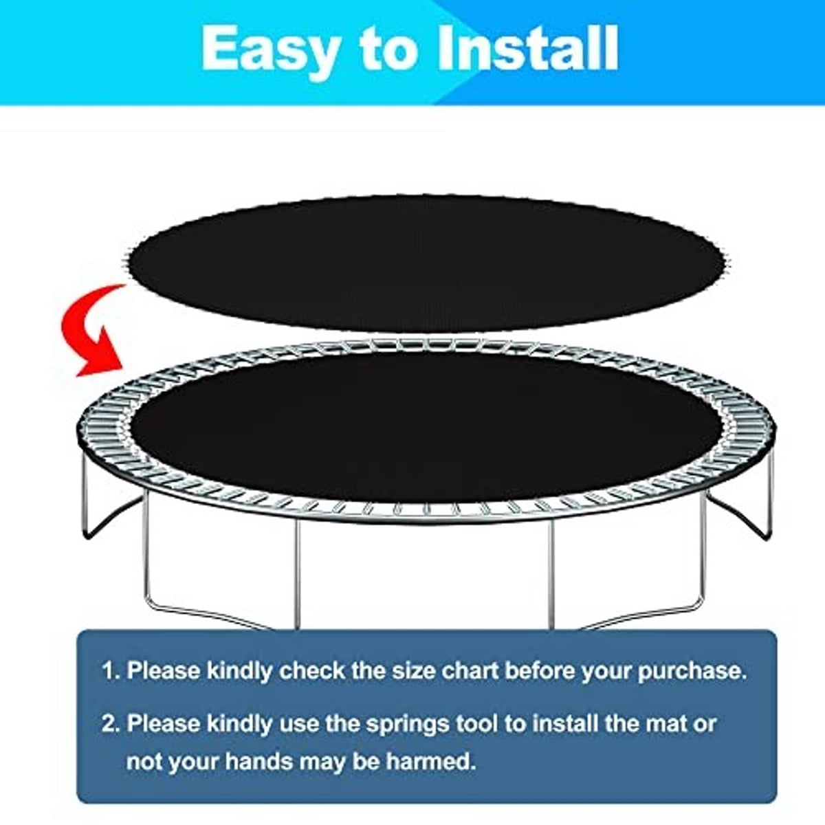 Black trampoline replacement mat on frame with silver spring loops for easy installation