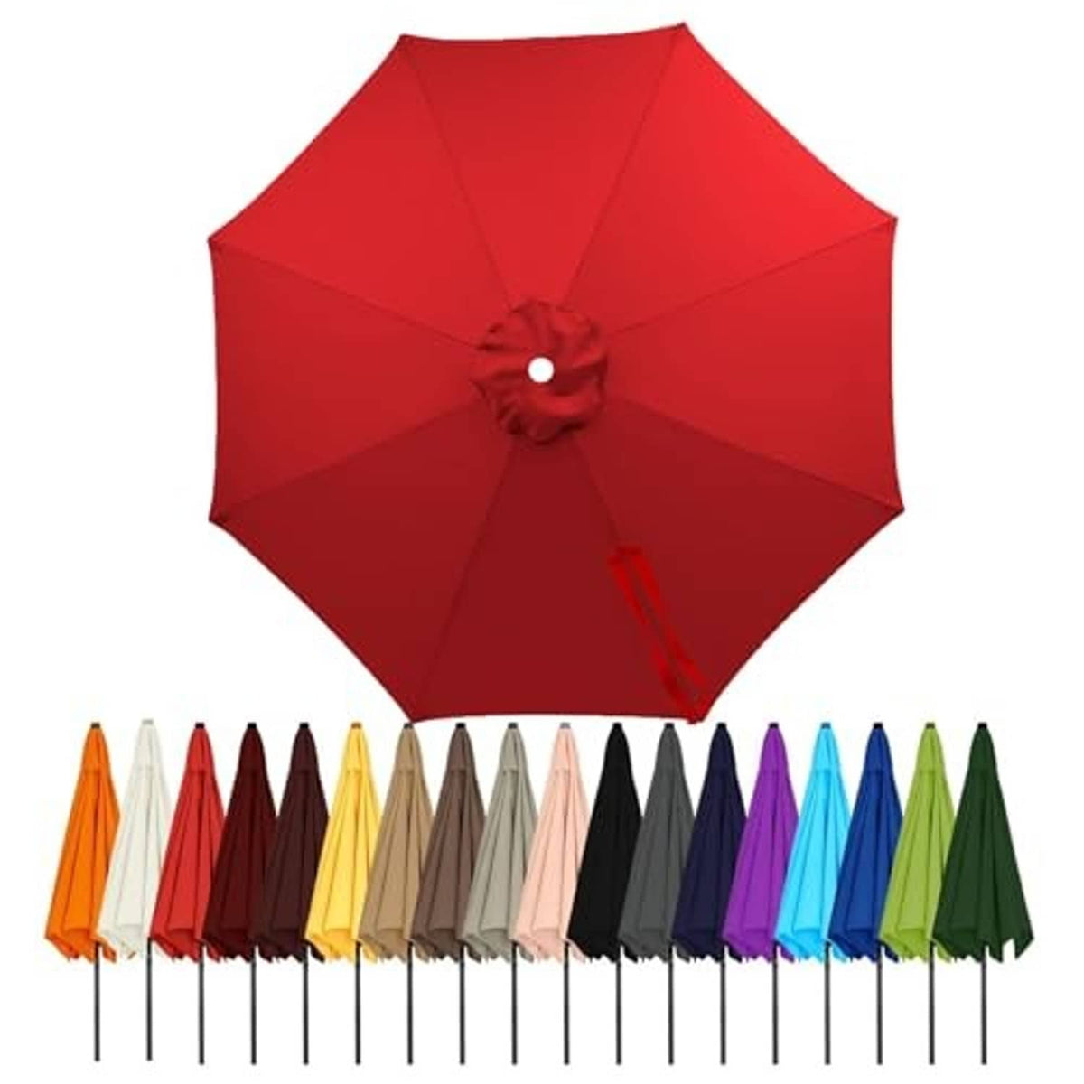 Red round umbrella canopy replacement with center button and eight-rib fabric design