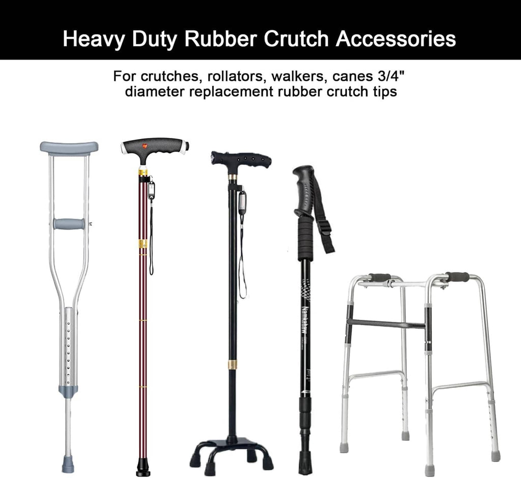Heavy-duty black rubber crutch tips for 3/4-inch canes, replacement set shown