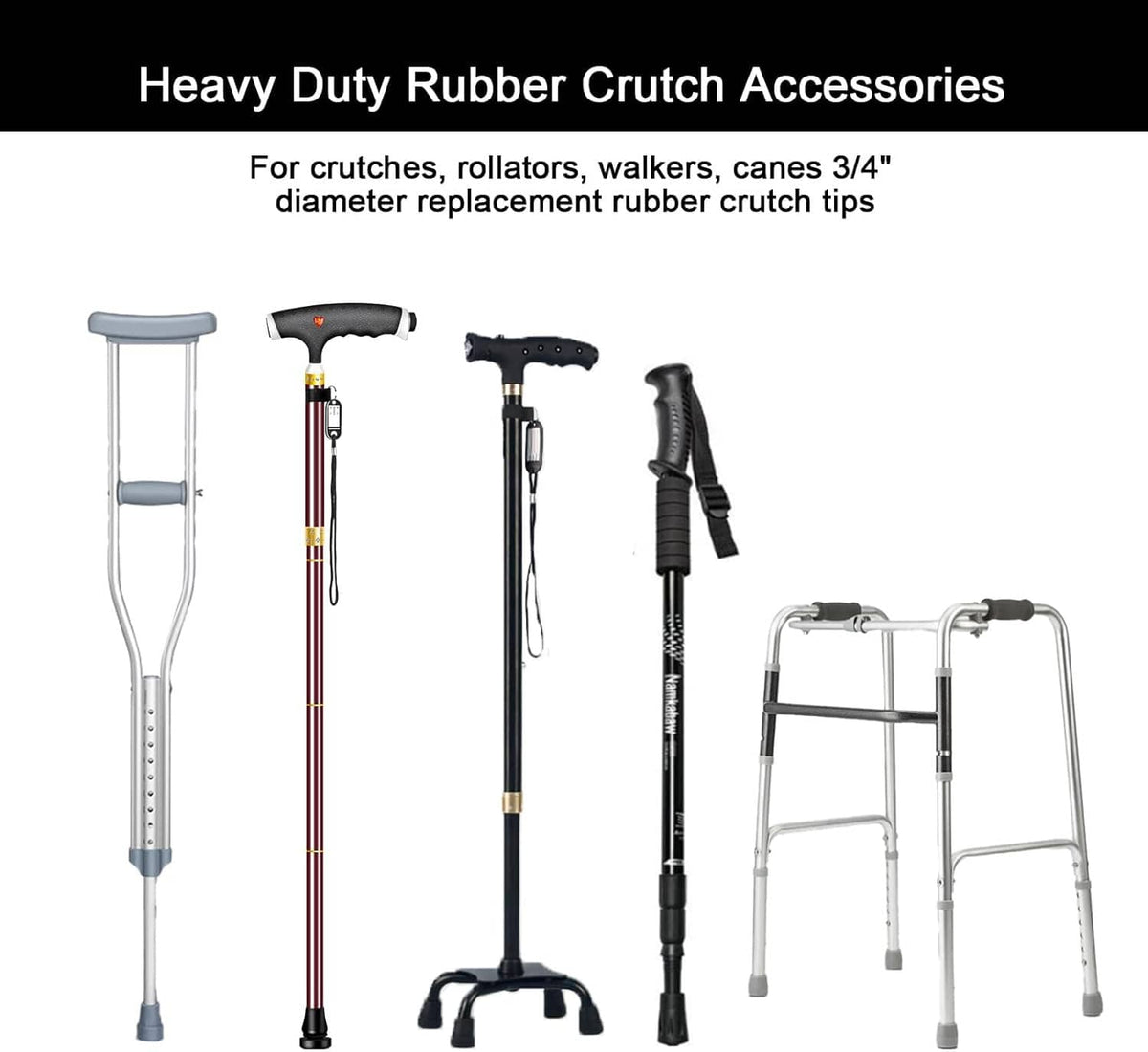 Heavy-duty black rubber crutch tips for 3/4-inch canes, replacement set shown