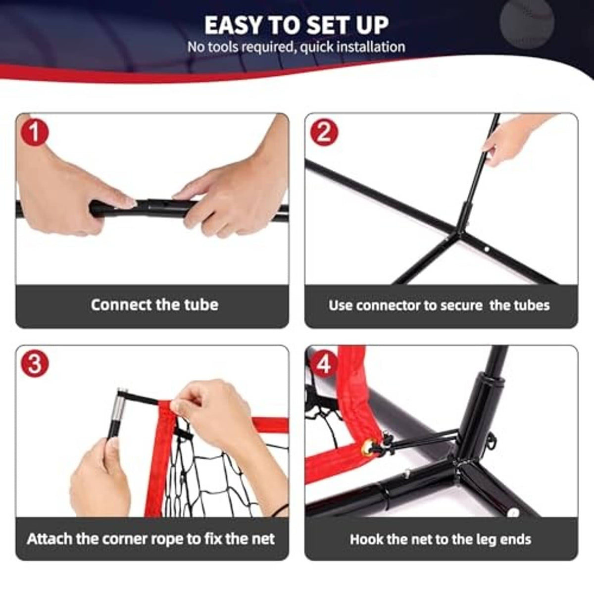 Baseball practice net setup step showing connected tubes and corner rope attachment