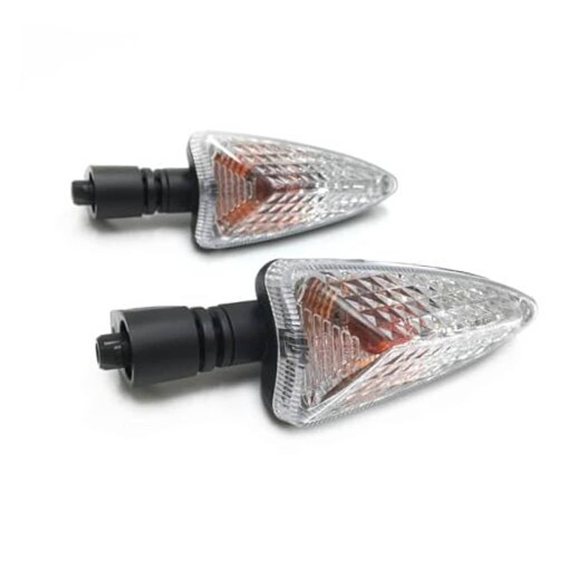 Pair of motorcycle turn signal lights with clear lens and amber reflector, black housing