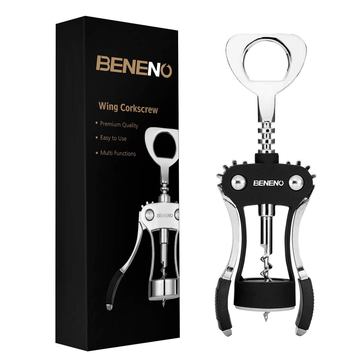 Black wing corkscrew wine bottle opener with chrome bottle grip and base