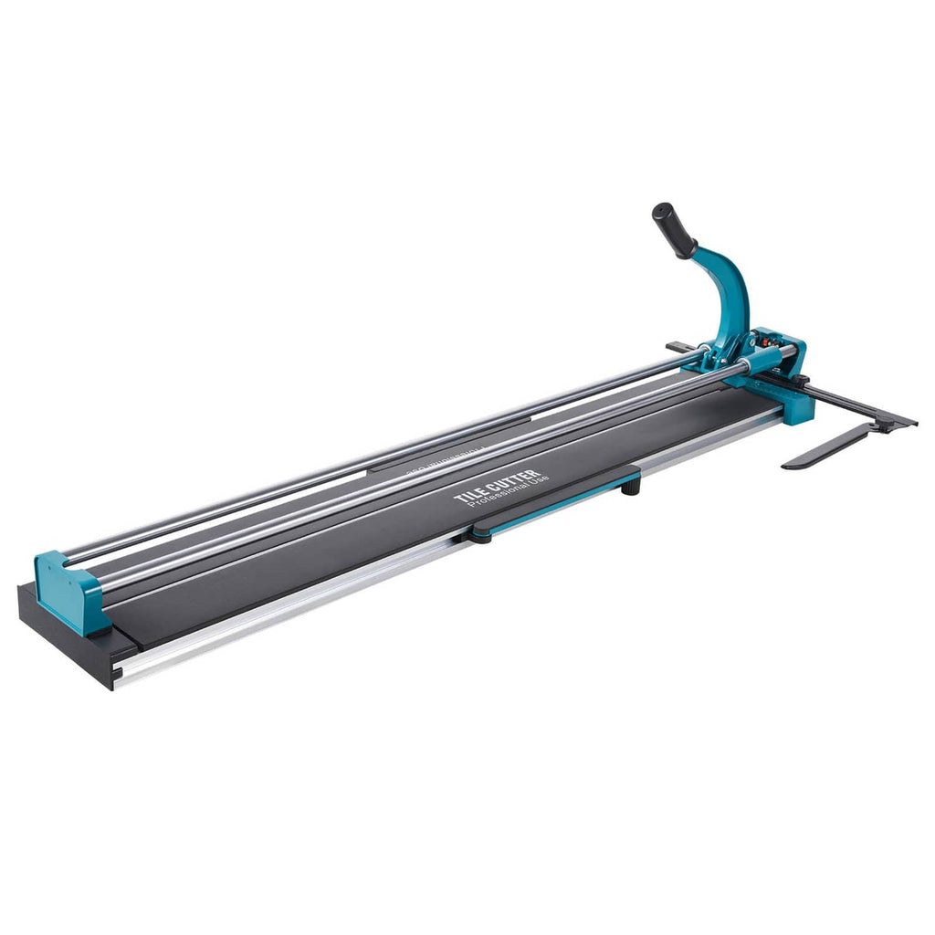 Manual tile cutter with extended cutting carriage on long rails and black guide track