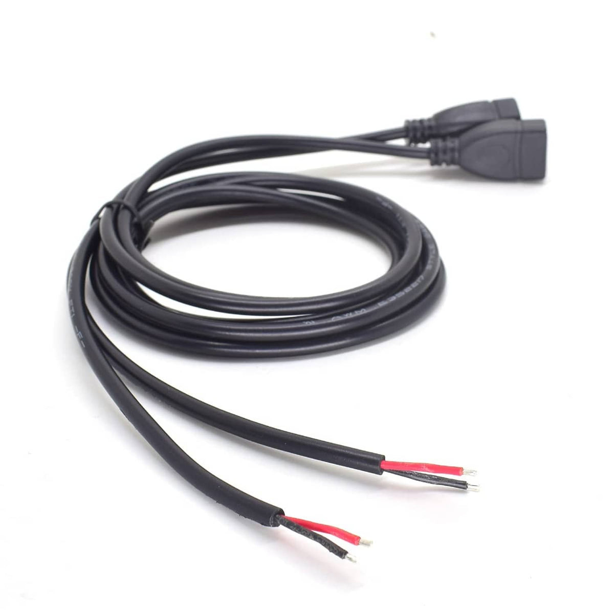 Black USB pigtail cable with two USB plugs and visible wire leads at ends.