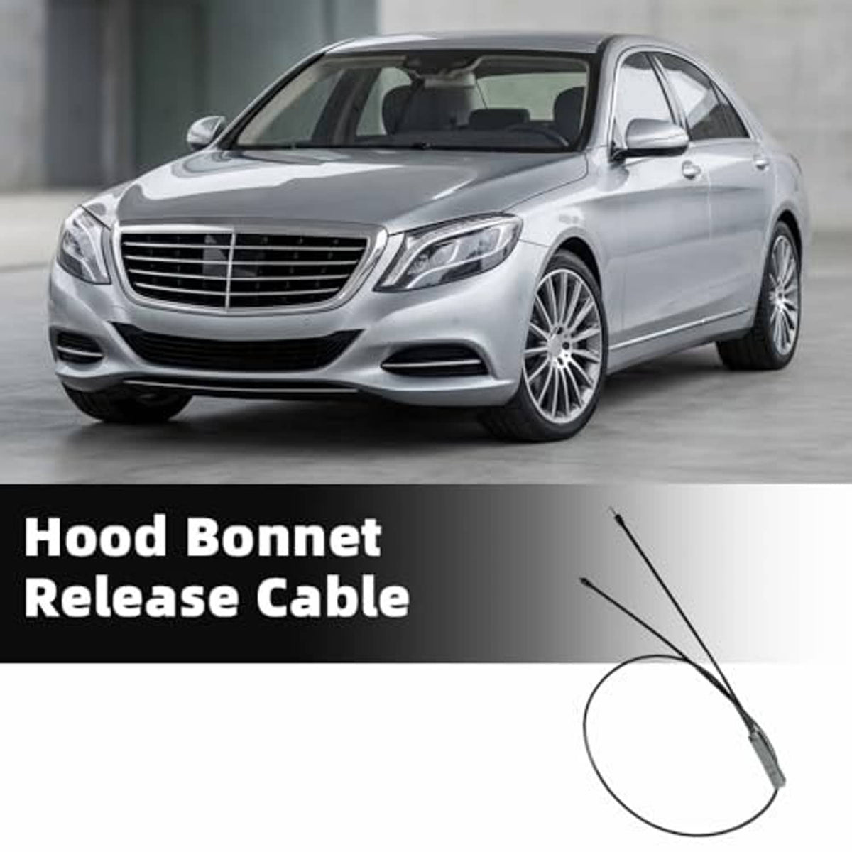 Hood bonnet release cable, black with gray sleeve and two metal-tipped leads