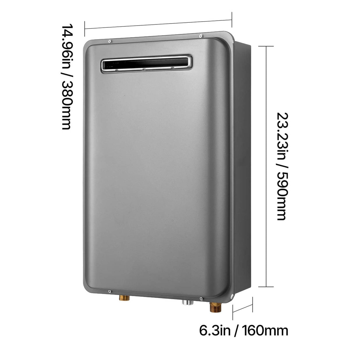 Propane tankless water heater dimensions with front panel and side measurement labels.