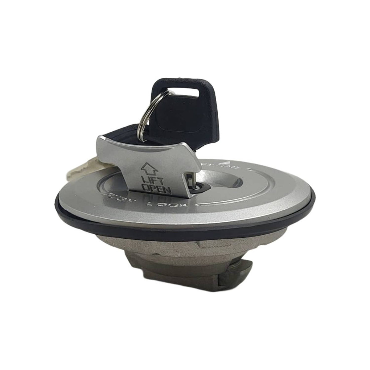 Fuel tank cap with key in open position, gray housing and black latch