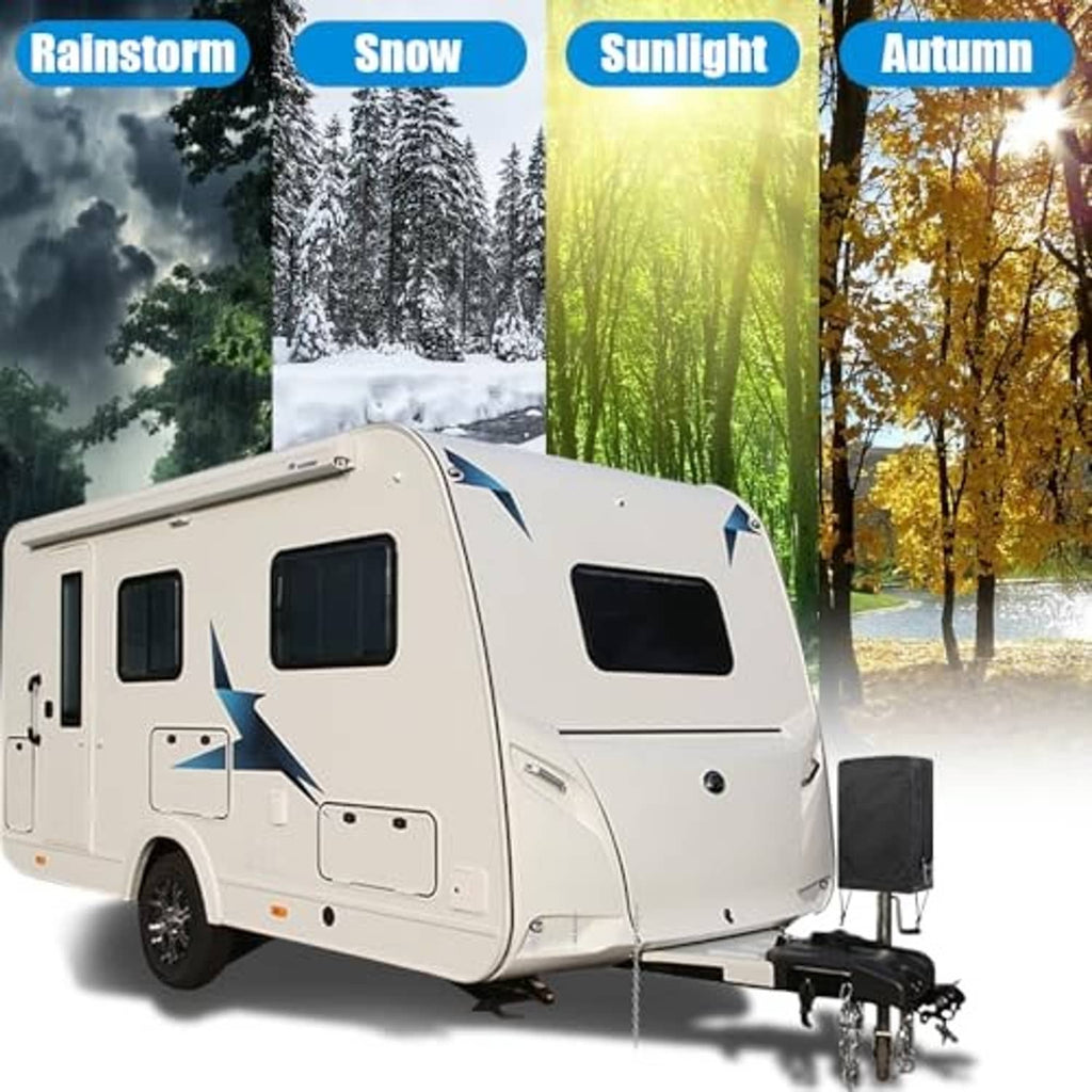 Black RV electric tongue jack cover placed on an RV tongue in outdoor conditions