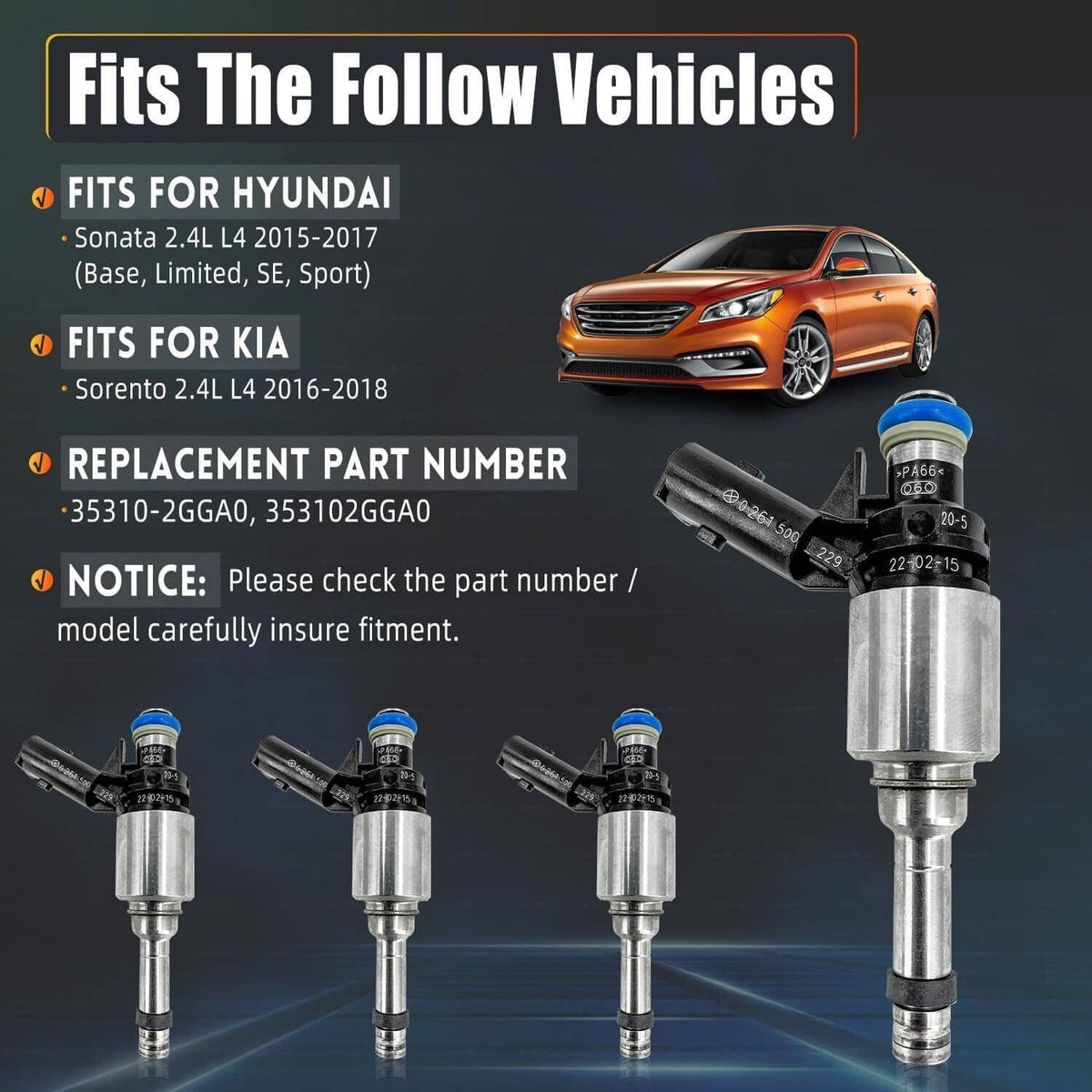 Four fuel injectors with blue seals and silver metal shafts, angled view.
