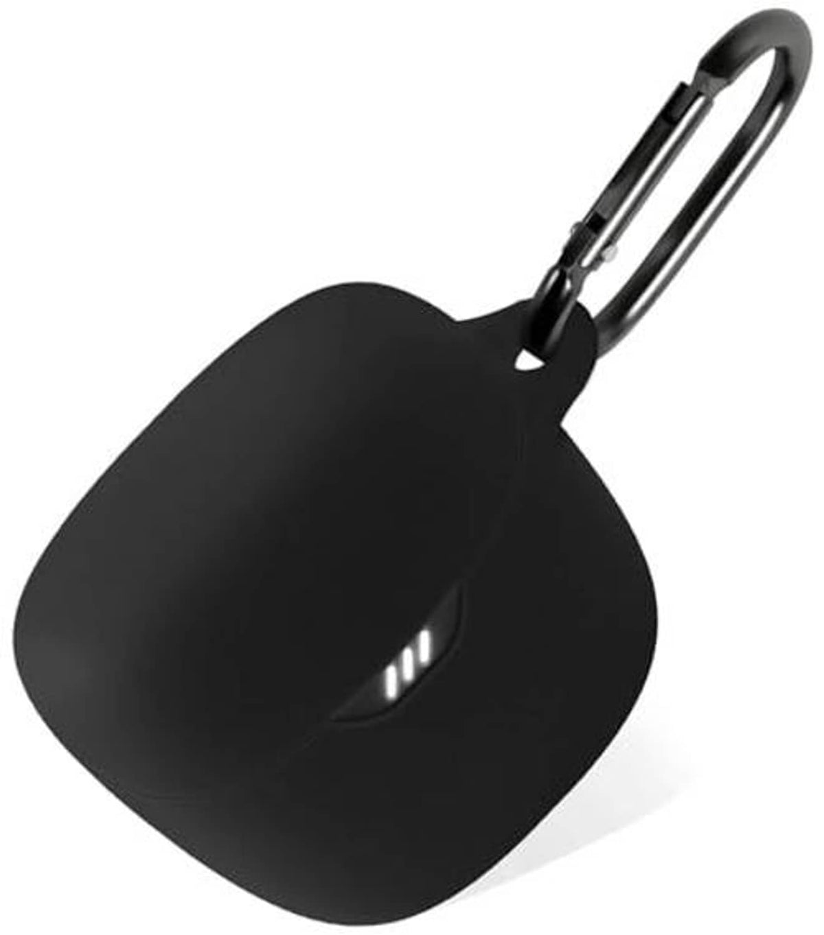 Black silicone earbud case with carabiner clip and protective shell shape