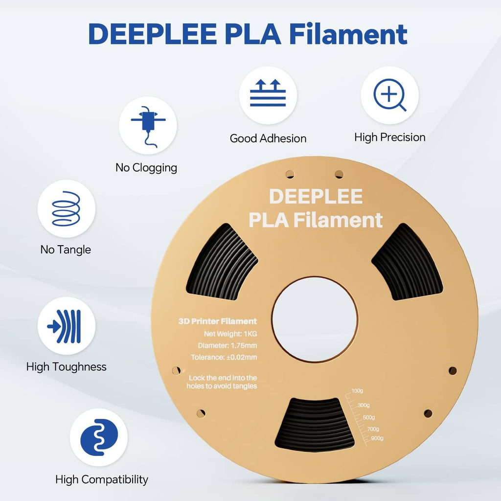 Black PLA filament spool on reel with product label and three filament sample views